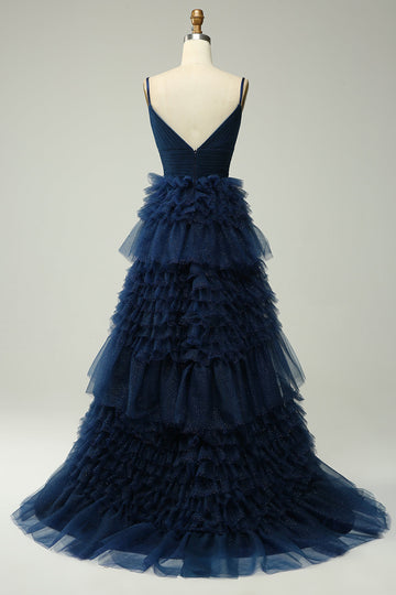 Une ligne Spaghetti Straps Navy Long Prom Dress avec des volants
